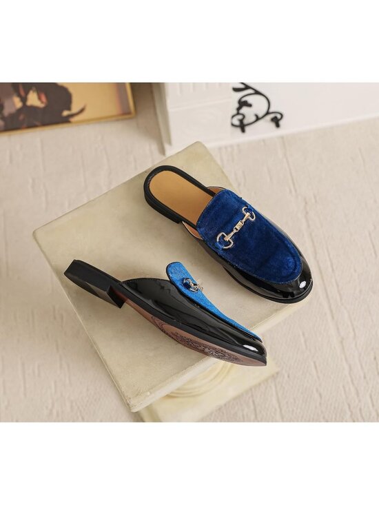 Men\'s Blue Rubber Velvet Patent Leather Gold Buckle Slip On Loafer Slippers main image 5